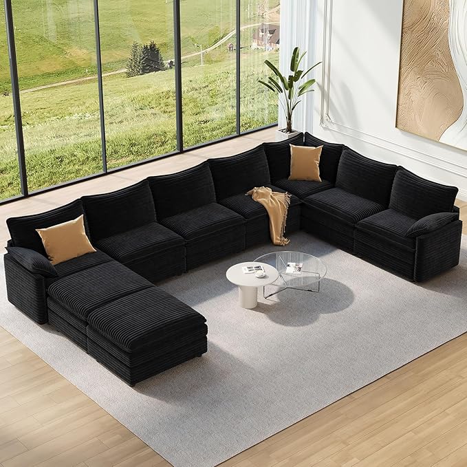 Vesgantti Large Modular Sectional Sofa, Big Comfy Cloud Couch with Ottoman Deep Seat Corduroy Cloud Sofa, 9 Seater Large Sectional Couches for Living Room, Bedroom and Apartment, Black | Sink-in Comfort, Height Adjustable, Easy Rearrangement, Extra-dee...