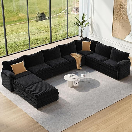 Vesgantti Large Modular Sectional Sofa, Big Comfy Cloud Couch with Ottoman Deep Seat Corduroy Cloud Sofa, 9 Seater Large Sectional Couches for Living Room, Bedroom and Apartment, Black | Sink-in Comfort, Height Adjustable, Easy Rearrangement, Extra-dee...
