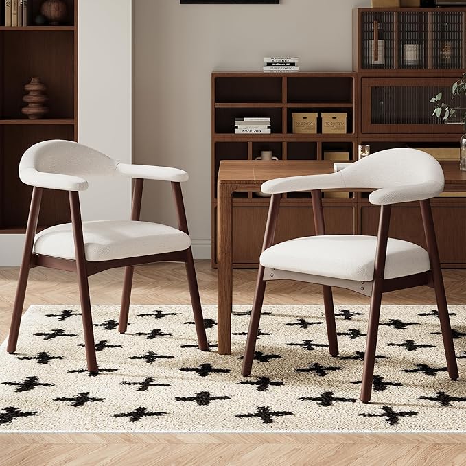 Wooden Dining Chair with Armrest Set of 2, Modern Fabric Upholstered Dining Room Chair with Curved Back and Wood Legs,Comfortable Accent Chairs for Kitchen Dining Room,Beige