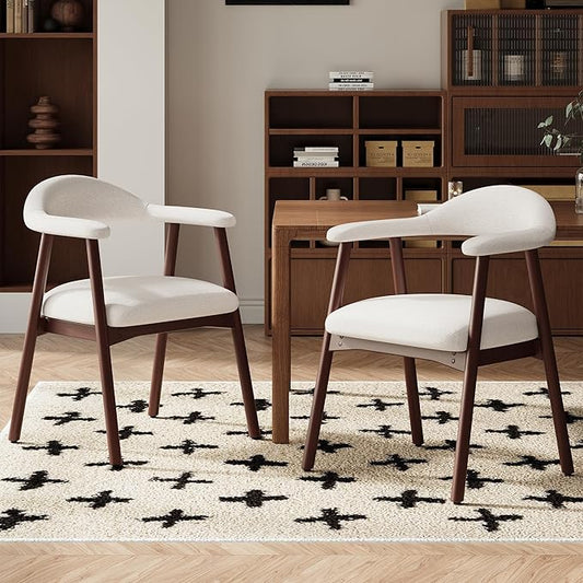Wooden Dining Chair with Armrest Set of 2, Modern Fabric Upholstered Dining Room Chair with Curved Back and Wood Legs,Comfortable Accent Chairs for Kitchen Dining Room,Beige