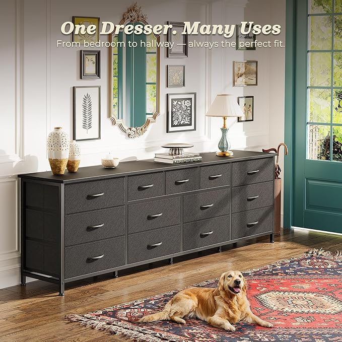 Huuger 70 Inch Dresser for Bedroom, TV Stand for 65, 75, 80 Inch TV, 13 Fabric Drawer Long Dresser, Wide Chest of Drawer, Black Storage Units for Bedroom