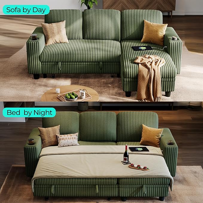 LINSY HOME Sectional Sleeper Sofa Pull Out Couches for Living Room (Green, Sleeper Sofa 1) | Pull Out Sofa Bed, Storage, USB Charging, Cup Holders, Plush Corduroy | Pull Out Sofa Bed, Storage, USB Charging, Cup Holders, Plush Corduroy, Convertible Sofa...