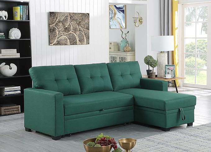 ACQCA 82" Convertible Sectional Sleeper Sofa with Storage Chaise, L Shaped Pull Out Couch Bed with 3 Tufted Back Cushion for Living Room, Apartment,Office,Green