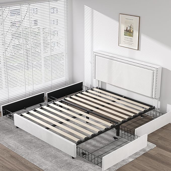 VECELO Queen Size Upholstered Platform Bed Frame with 4 Storage Drawers, Adjustable Velvet Rivets Headboard, Wooden Slats Support, No Box Spring Needed, Easy Assembly