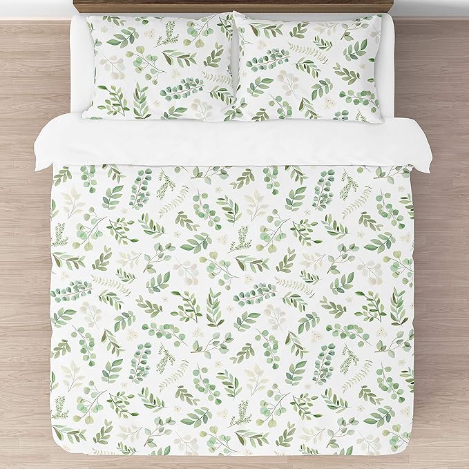 Sweet Jojo Designs Floral Leaf Girl Full/Queen Bedding Comforter Set Kids Childrens Size - 3 Pieces - Green and White Boho Watercolor Botanical Woodland Tropical Garden