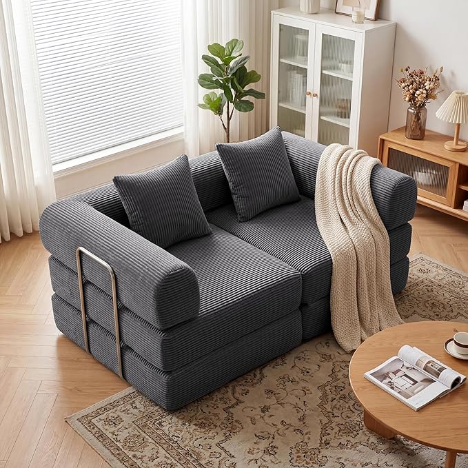 Convertible Compressed Corduroy Folding Cloud Sofa Bed, 59'' Modern Boneless Pull Out Loveseat Sleeper in a Box, 5 in 1 Floor Mattress Futon Cloud Couch, No Assembly Needed, Dark Grey, Pillows, Queen
