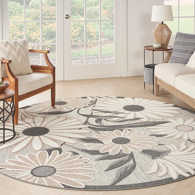 Nourison Home Aloha Beige 5'3" x Round Area Rug - Easy Clean, Non Shedding, Bed Room, Living Room, Dining Room, Kitchen (5' x Round)