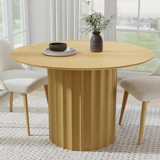 Casaphoria 46" Round Dining Table, Modern Wood Kitchen Table with Cylindrical Wide Bar Concave Base for Living Room & Dining Room, Easy Assembly Farmhouse Furniture for 4-6, Oak