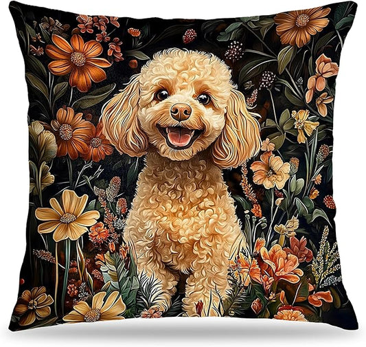 William Morris Inspired-Vintage Floral Poodle Pillow Covers 18x18,Poodle Gift for Women&Dog Lover Mom Gifts,Moody Dark Cottagecore Botanical Decorative Pillow Covers for Home Living Room Bedroom