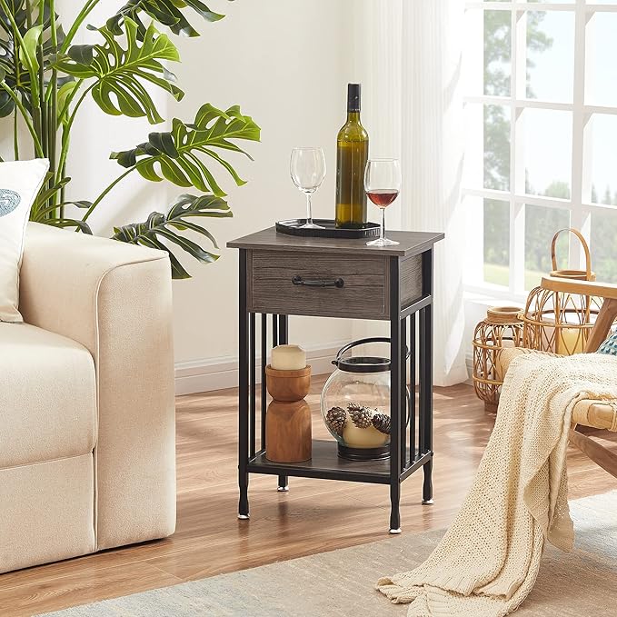 VECELO Nightstands, Industrial Side/End Tables with Drawer and Storage Shelf, Night Stands for Bedroom, Living Room, Wood Metal Furniture, Easy Assembly