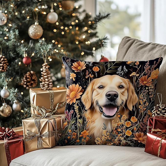 William Morris Inspired-Vintage Floral Golden Retriever Pillow Covers 18x18,Golden Retriever Gifts for Women, Dark Cottagecore Botanical Dog Decorative Pillow Covers for Home Living Room Bedroom