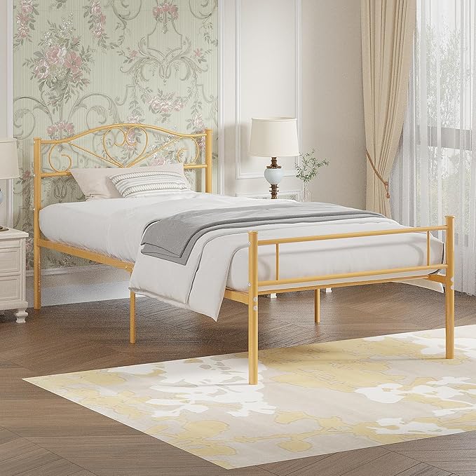 VECELO 14 Inch Twin Size Metal Platform Bed Frame with Headboard and Footboard, Heavy Duty Mattress Foundation with Steel Slats Support, No Box Spring Needed, Gold