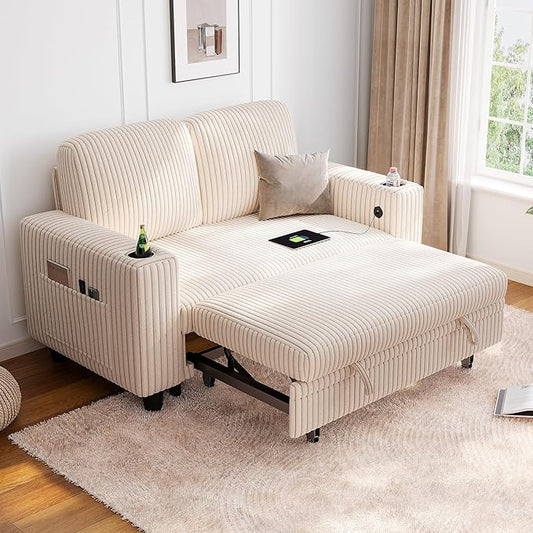 LINSY HOME Sectional Sleeper Sofa Bed, Corduroy Pull Out Couch for Living Room (Beige,Small Couch)|USB Ports, Cup Holder, Side Pocket|2 Seater Convertible Sofa Bed| Apartment Guest Room, Loveseat | Plush Corduroy