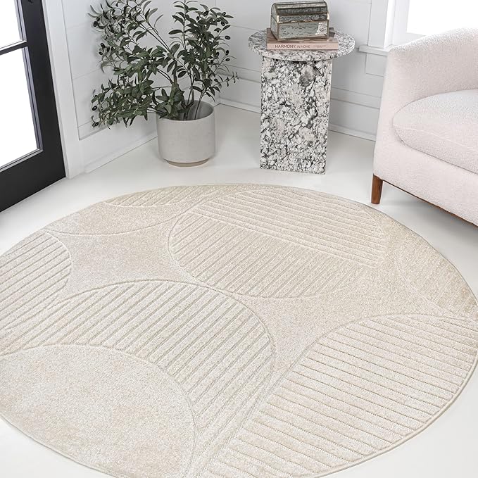 JONATHAN Y Nordby High-Low Arch Striped Ivory/Cream 8' Round Indoor/Outdoor Area Rug, Pet Friendly, Non-Shedding, Stain Resistant, Easy-Cleaning for Backyard, Patio, (SCN104B-8R)