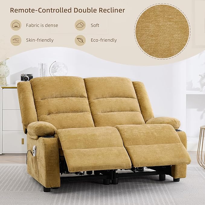 52Inch Power Loveseat Recliner,Electric Reclining Loveseat Sofa,Adjustable Love seat Recliner Sofa for Living Room,Bedroom with Charging Ports (Yellow)