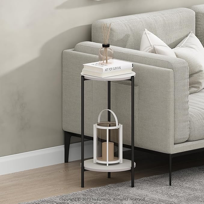 Furinno BESI Side Table, 2-Tier Tall Round End Table with Metal Legs, Metal Frame Night Stand, Bedside Table with Open Shelf, for Living Room, Bedroom, White