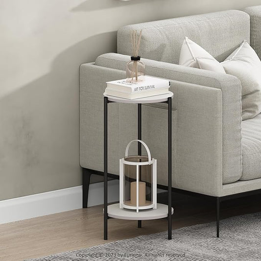 Furinno BESI Side Table, 2-Tier Tall Round End Table with Metal Legs, Metal Frame Night Stand, Bedside Table with Open Shelf, for Living Room, Bedroom, White