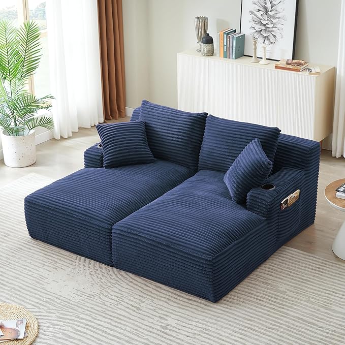 Eafurn Oversized Double Chaise Lounge Indoor with Cup Holders & Side Pocket, 71" Plush Corduroy Boneless Chaise Lounge Sofa with High Density Sponge & Deep High Seat Comfy Sleeper Couch Bed | Breathable material, No Assembly, 52" Deep Seat, 19.7" High ...