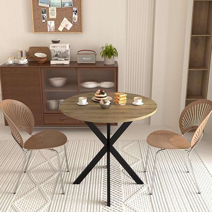 31.5" Round Dining Table for 2-4 People, Small Circle Kitchen Table with Black Metal Legs, Space-Saving Table for Apartments, Small Spaces (Rustic Brown)