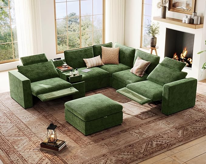 Oversized Modular Power Recliner Sofa Wall Hugger, Cloud Reclining Couch with Headrest, Storage Ottoman, Drawer Charging Cup Holder, Deep L-Shaped 6 Seater with Dual Electric Recliner, Chenille, Green
