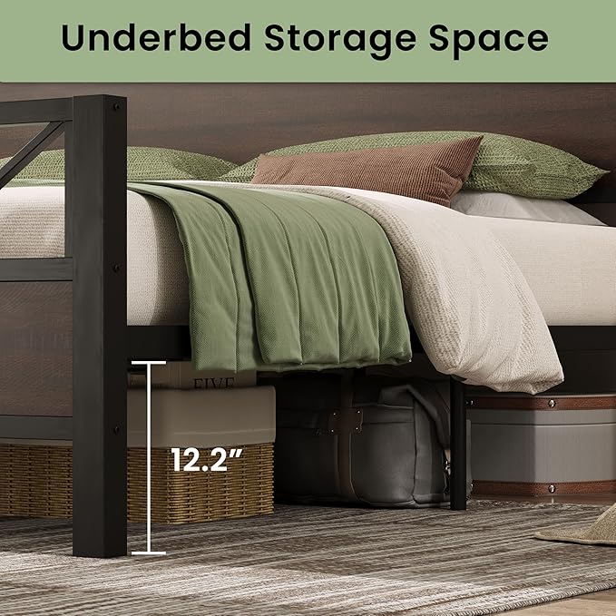 LIKIMIO King Bed Frame, Tall Industrial Headboard 51.2 ", Platform Bed Frame with Strong Metal Support, Solid and Stable, Noise Free, No Box Spring Needed, Easy Assembly, Dark Brown