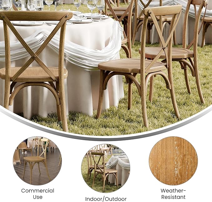 Flash Furniture Hercules Commercial Indoor/Outdoor Cross Back Chair, Wood Look, Weather-Resistant, Lightweight Design, Versatile Use, Chestnut
