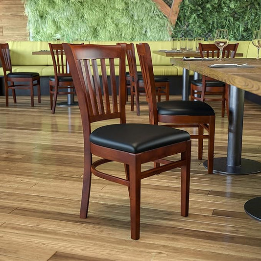 Flash Furniture HERCULES Series Vertical Slat Back Mahogany Wood Restaurant Chair - Black Vinyl Seat