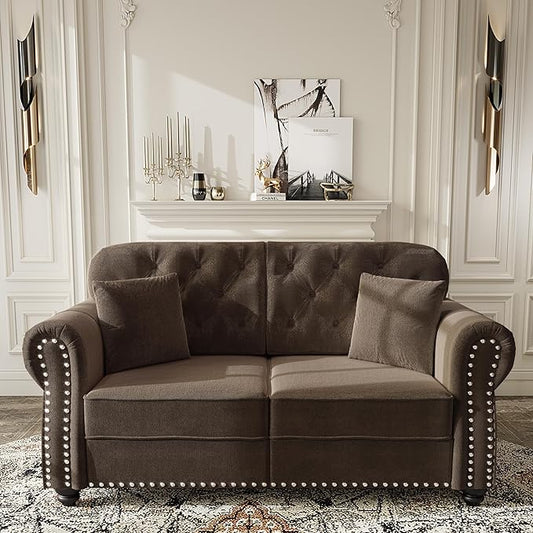 KEIKI 63" Velvet Chesterfield Sofa with Rolled Arms & Nailhead Trim, Modern Upholstered 2-Seater Button Tufted Couch with High Resilience Cushion & 2 Pillow, Easy Assembly, for Living Room, Brown