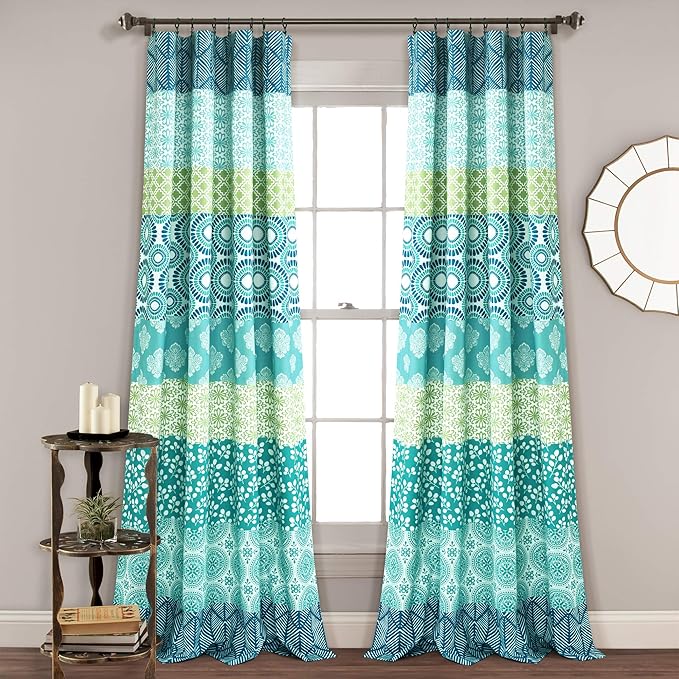 Lush Decor Bohemian Stripe Window Curtain Panels, Pair, 52" W x 108" L Blue & Green - Light Filtering Curtains for Bedroom - Boho Curtains - Maximalist Decor
