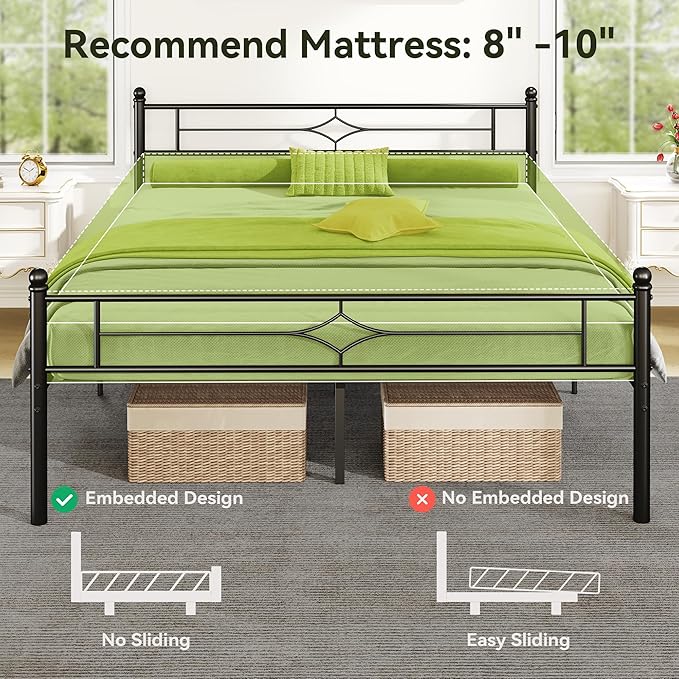 BedsPick Twin Size Metal Platform Bed Frame with Vintage Headboard and Footboard, Sturdy Twin Bed Frame, 12.5 Inch Under Bed Storage, No Box Spring Needed, Easy to Assemble, Noise Free, Black