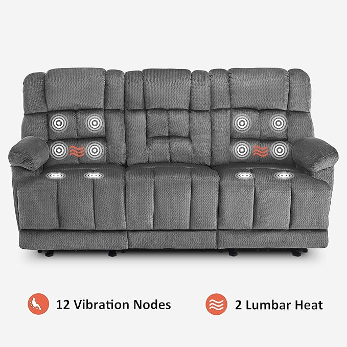 MCombo Zero Gravity Power Recliner Sofa with Drop Down Table, Heat and Vibration Massage, 3 Seater Dual Reclining Couch with USB Ports, Cup Holders for Living Room, Fabric RS6236 (Grey)