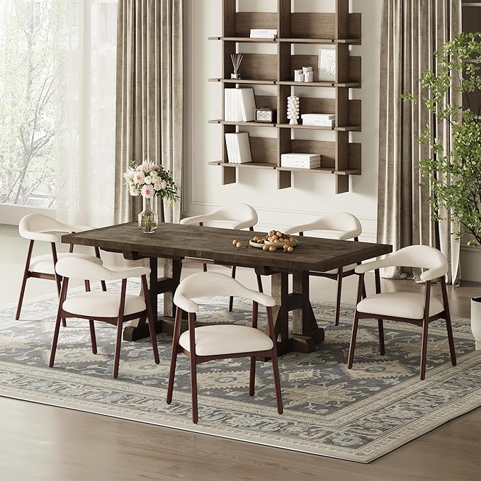 Wooden Dining Chair with Armrest Set of 6, Modern Fabric Upholstered Dining Room Chair with Curved Back and Wood Legs,Comfortable Accent Chairs for Kitchen Dining Room,Beige