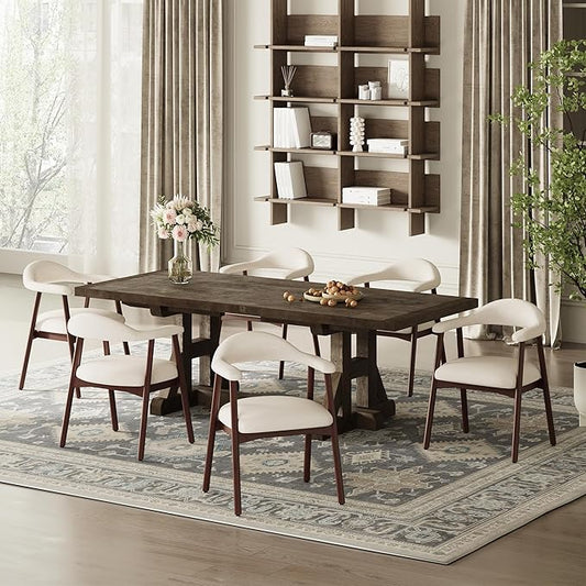 Wooden Dining Chair with Armrest Set of 6, Modern Fabric Upholstered Dining Room Chair with Curved Back and Wood Legs,Comfortable Accent Chairs for Kitchen Dining Room,Beige