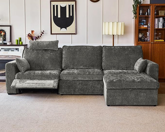 124.8'' Oversized Power Recliner Sofa with Headrest, Extra Wide Modular Cloud Sectional Reclining Couch, Convertible 4-Seater with Storage Ottoman for Home Theater Living Room, Chenille, Grey