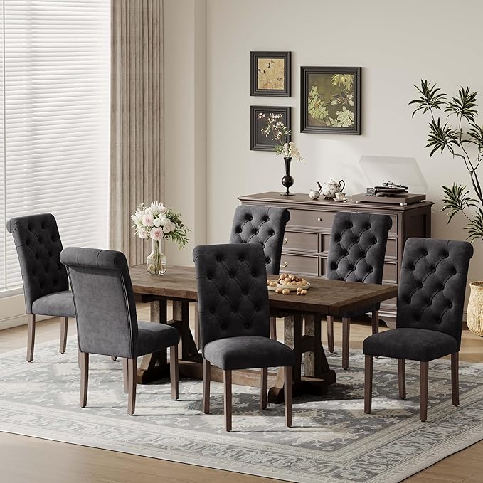 Upholstered Tufted Dining Room Chairs Set of 6, Parsons Kitchen Chairs with Padded Seat and Solid Wood Legs, Fabric Accent Side Diner Chair for Dining Room/Kitchen/Living Room, Black
