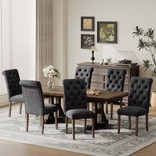 Upholstered Tufted Dining Room Chairs Set of 6, Parsons Kitchen Chairs with Padded Seat and Solid Wood Legs, Fabric Accent Side Diner Chair for Dining Room/Kitchen/Living Room, Black