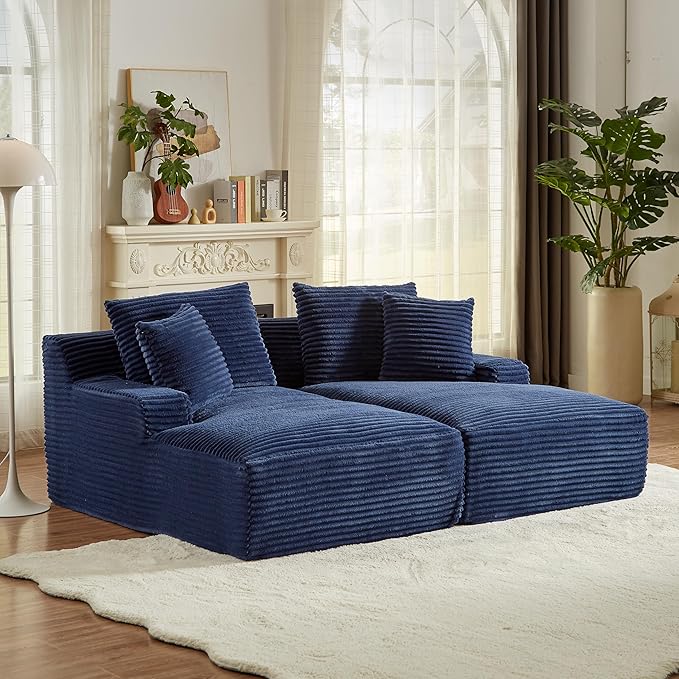 Oversized Double Chaise Lounge Chair Indoor Deep Seat Cloud Couch for Living Room 79" Plush Corduroy Upholstered Boneless Lounge Couch Cozy Sofabed with Throw Pillows and Wide Armrest for Home Office