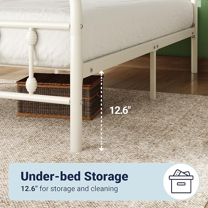 Allewie 14 Inches Twin Size Metal Platform Bed Frame with Victorian Style Iron-Art Headboard/Footboard, Mattress Foundation, Easy Assembly, Under Bed Storage, No Box Spring Required, Off White