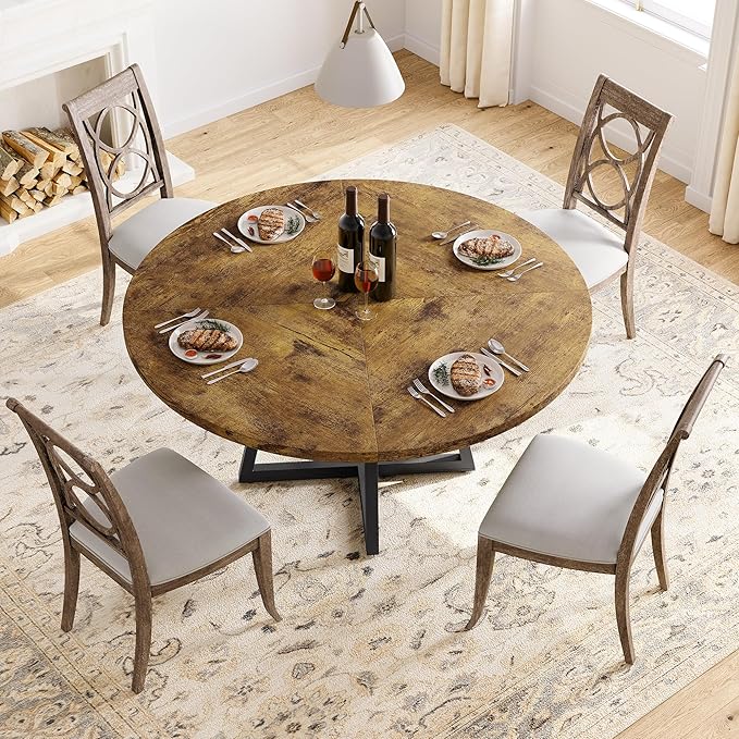 GAOMON Industrial Round Dining Table, 47 Inch Round Kitchen Table for 4, Dinner Table with Wooden Top and Metal Base for Dining Room, Living Room