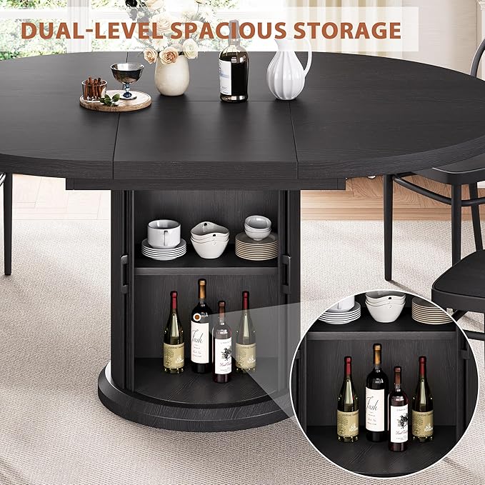 47″–63″ Extendable Round Dining Table for 4–8 with Dust-Proof 2-Tier Storage Shelf Space Saving Expandable Wood Oval Circle Dinner Furniture with Pedestal Base (Black)