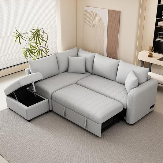 Merax Sofa Bed Sleeper Couch L Shaped Sofa with Storage Ottoman, L-Shape Sectional Couch with 2 USB Ports, 2 Power Sockets for Living Room and Small Apartment (Gray)