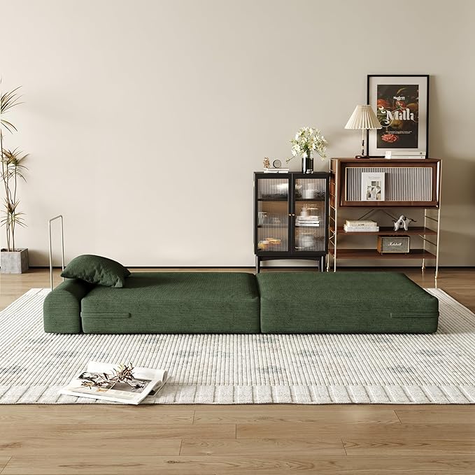 31.5'' Convertible Compressed Corduroy Folding Cloud Sofa Bed, Modern Boneless Pull Out Sleeper Sofa Couch in a Box, 3 in 1 Portable Lazy Floor Lounge Chair, for Small Space, Green, Pillow, Single