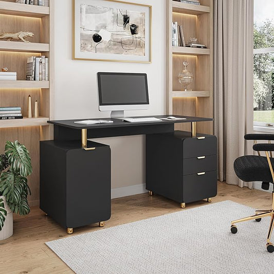 Elegant 56.75" W Executive Desk with 3 Drawers and Storage Cabinet, Modern Office Desk with Gold Accents, Floating Work Surface, Closed Storage with Ventilation & Adjustable Shelf (Black,Gold)
