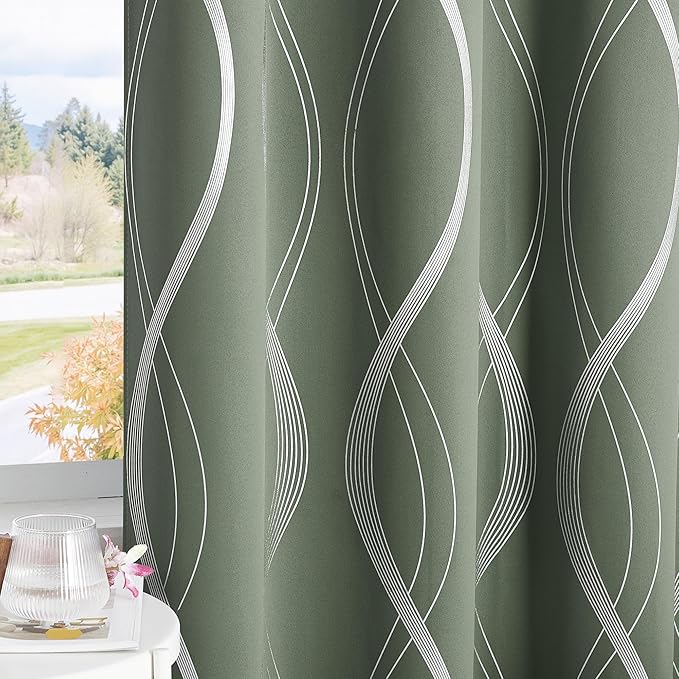 NICETOWN 100% Blackout Greyish Green Blackout Curtain Panels for Bedroom 63 inch Long, Thermal Insulated Wave Line Foil Print Design Drapes for Patio Sliding Glass Door, 52" x 63", 2 Panels
