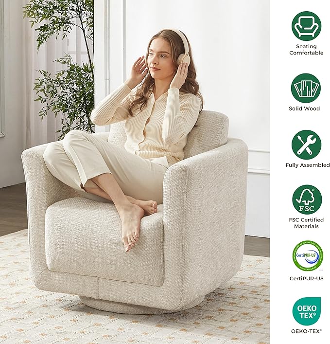 Swivel Accent Chair, 360° Upholstered Swivel Chair, 350 lbs Capacity, Kiln Dried Solid Wood Frame Lumbar Cushion,FSC Certified Upholstered Chair for Living Room Bedroom,Beige