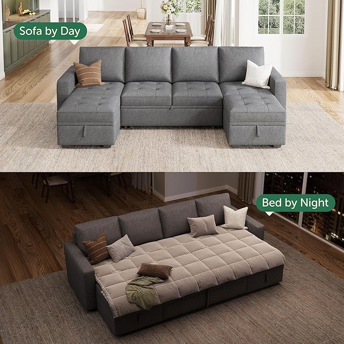 HONBAY Modular Sectional Sleeper Sofa with Pull Out Bed, Linen Convertible L Shaped Couch with Storage Seat, Sectional Couches for Living Room, Grey