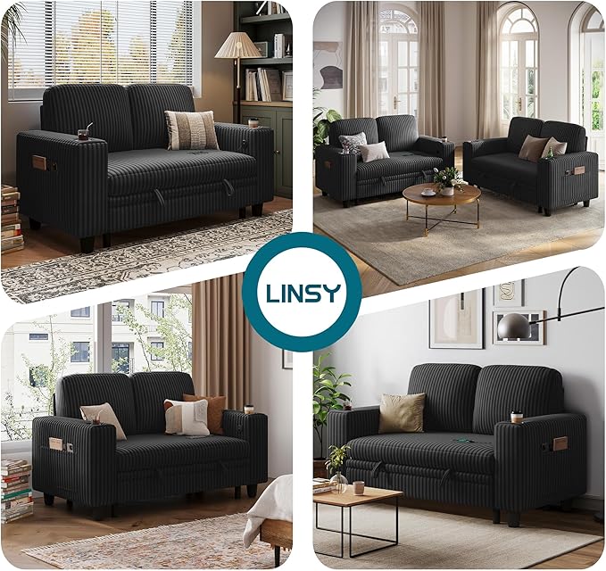 LINSY HOME Loveseat Sofa with Pull Out Couch Chaise: 2-in-1 Convertible 2 Seater Sofa with USB Charging & Cup Holders, Comfy Plush Corduroy Love Seat for Small Spaces Living Room Apartment, Black