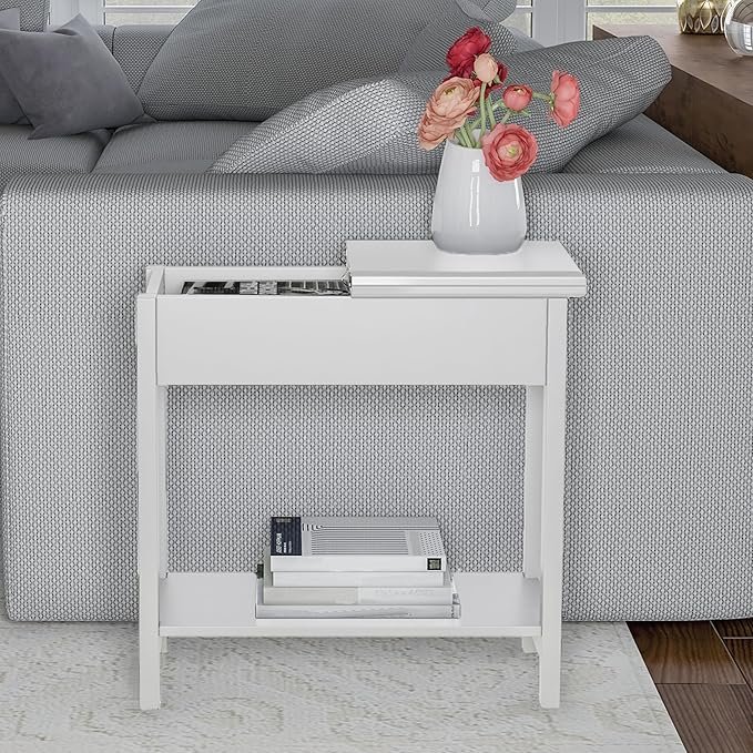 Lavish Home Flip-Top End Table - Slim Side Console with Hidden Hinged Storage Compartment and Lower Shelf - For Living Room or Hallway Use (White)