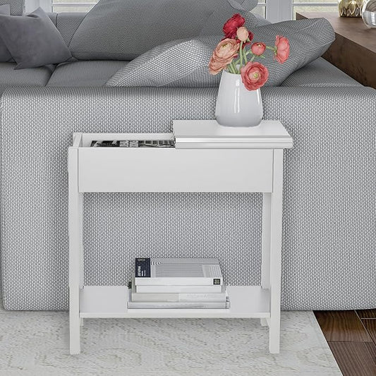 Lavish Home Flip-Top End Table - Slim Side Console with Hidden Hinged Storage Compartment and Lower Shelf - For Living Room or Hallway Use (White)