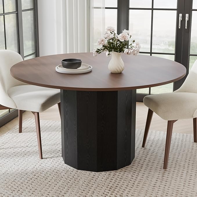 Casaphoria 52" Round Dining Table for 6, Two-Tone Walnut Wood Top and Black Pedestal Base, Modern Farmhouse Style, Dining Table Only
